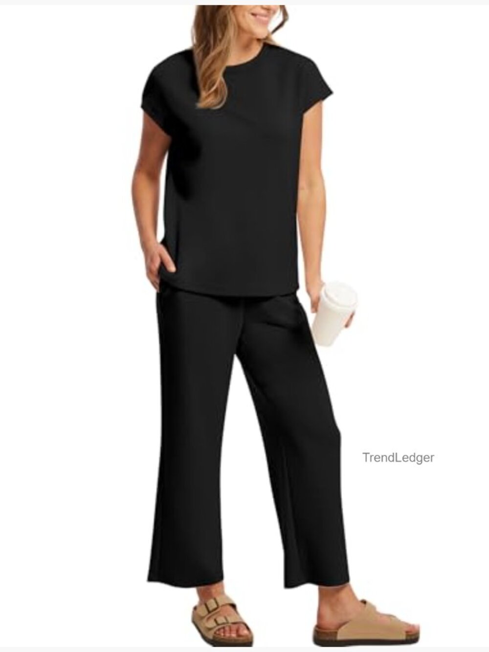 Women's Two Piece Lounge Set Cap Sleeve Top Wide Leg Pants Vacation Outfit - Picture 4 of 7